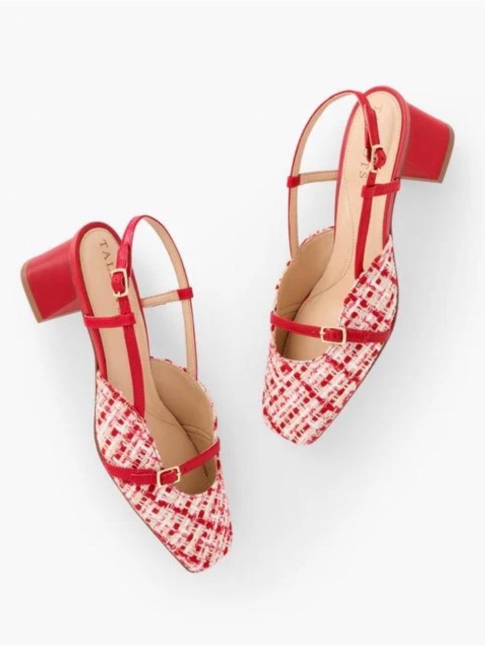 Talbots | Carlyle Buckle Block Heel | Slingback | Red:Pink:Cream Plaid | NWOB |8